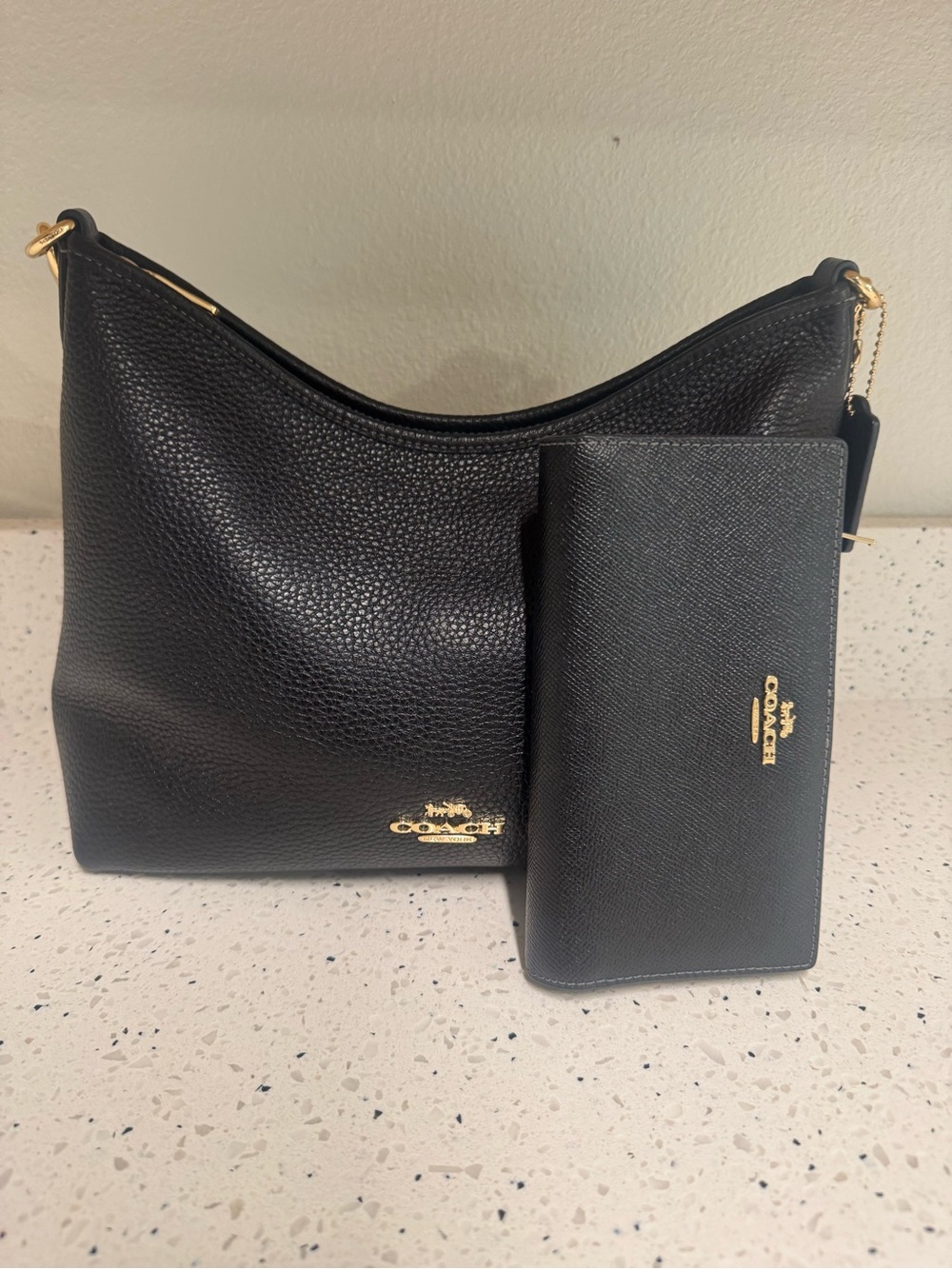 Coach Black Pebbled Leather Shoulder Bag with Matching Wallet